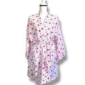 Mahogany Short Robe Sz M White Cotton Strawberry Print Belted Knee Length Cute